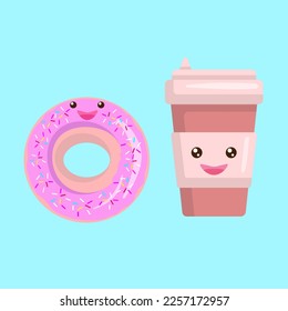 Donut und Kaffee auf blauem Hintergrund, zur kommerziellen Nutzung