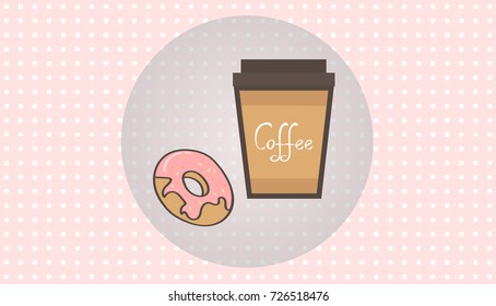 Donut and coffee on halftone background.