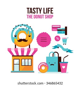 Donut Coffee online shopping infographic Flat 3d isometric design style