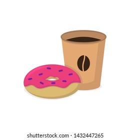 donut and coffee in paper cup isometric, vector