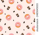 Donut and coffee pattern on background,pink donut,vector illustration