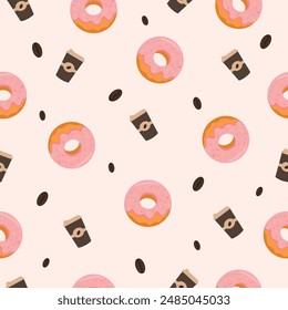 Donut und Kaffeemuster auf Hintergrund, rosa Donut, Vektorillustration