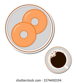 Donut and Coffee, Snacks at work Vector flat design top view on white background