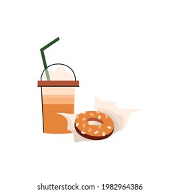 Donut und Kaffee in Takeout-Tasse - isoliertes Taktrunk und Dessert auf weißem Hintergrund. Vektorgrafik des schnellen Imbisses mit Gebäck und Getränken für unterwegs.