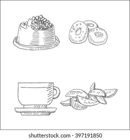 Donut, coffee, tea, french potato fries, cup, mug, and pet animal dish vector illustration, in sketch hand drawn style, for fast food market and restaurant business design