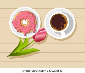 Donut with coffee and tulip