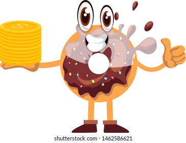 Donut with coins, illustration, vector on white background.
