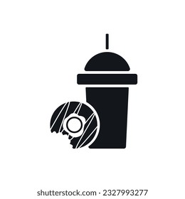 Donut and Cold Drink in Plastic Cup Flat Black Icon Design on White Background. Simple Fast Food Illustration for Web, Menu, Branding, Logo, App.