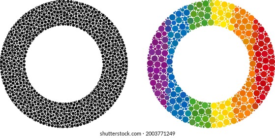 Donut collage icon of round dots in variable sizes and rainbow colored color tints. A dotted LGBT-colored donut for lesbians, gays, bisexuals, and transgenders. Vector icon in LGBT flag colors.