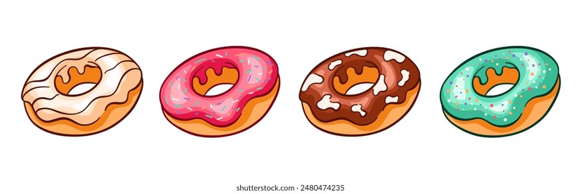 Donut Kollektion im Cartoon-Stil. Set von Pralinen, Vanille, Glasur Süßigkeiten für Bäckerei-Design. Vektorillustration isoliert auf weißem Hintergrund.