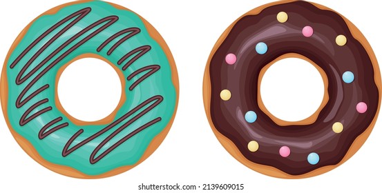 Donut. A collection of donuts decorated with icing and chocolate. Sweet dessert, vector illustration isolated on white background