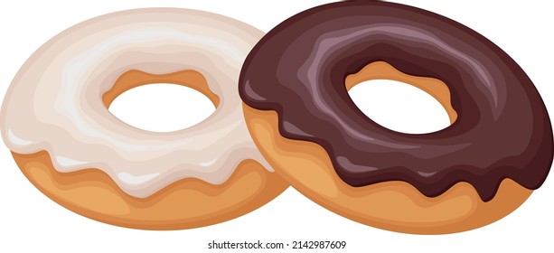 Donut. A collection of donuts decorated with icing and chocolate. Sweet dessert, vector illustration isolated on white background