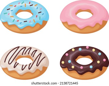Donut. A collection of donuts decorated with various glazes and sprinkles. Sweet dessert, vector illustration isolated on a white background