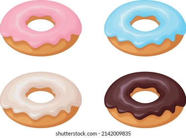 Donut. A collection of donuts decorated with various glazes and sprinkles. Sweet dessert, vector illustration isolated on a white background