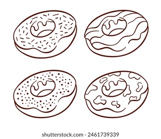 Donut collection in line art style. Set of sweets for bakery design. Vector illustration isolated on a white background.