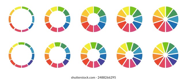 Donut color charts, pies segmented on 10, 11 equal parts. Diagrams infographic multicolored set. Wheels divided in ten, eleven sections. Circle section graph. Pie, pizza chart round icon. Loading bar.