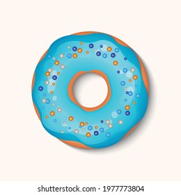 Donut with color icing and multicolored powder isolated on a white background. 3d realistic food icon. Template modern design for invitation, poster, card, fabric. Realistic vector illustration.