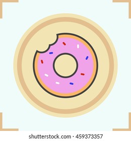 Donut color icon. Isolated vector illustration. Bitten glazed pink donut with sprinkles