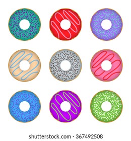 Donut colorful icon set with shadows. Isolated vector illustration on a white background.
