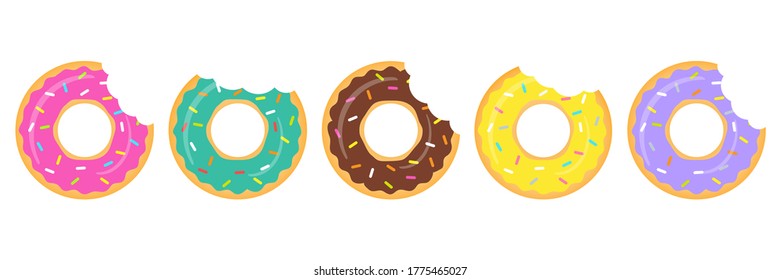 Donut colorful vector set isolated on white background. Donuts with a mouth bites, group. Sweet donuts collection. Cartoon dessert illustration.