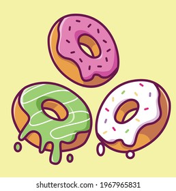 No aislado el conjunto de vector colorido. Colección de donuts dulces. Ilustración del postre de dibujos animados.