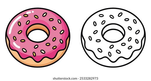 Donut Coloring Book For Kids. Pink Donut Coloring Pages Printable Vector Illustration Design