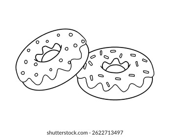 Donut coloring page or coloring book with various toppings, for kindergarten and kids worksheets