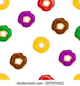 Donut with colotful icing. Seamless isolated pattern one white background. Background for party, website, menu, restaurant, birthday. Vector illustration.
