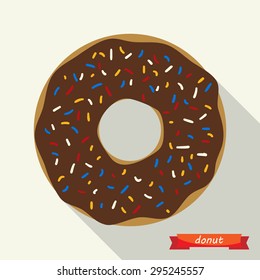 Donut with coloured sprinkles.  Vector illustration, flat icon with long shadows. design element.
