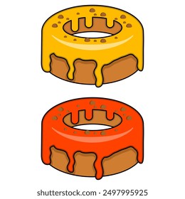 Donut concept with different toppings. Cartoon donuts with different toppings, delicious sweet dessert. Top view donuts with chocolate glaze and sprinkles, flat vector illustration.