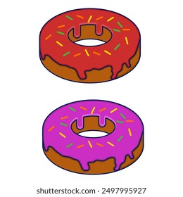 Donut-Konzept mit verschiedenen Belägen. Cartoon Donuts mit verschiedenen Belägen, köstliche süße Dessert. Donuts mit Schokoladenglasur und Sprinkles, flache Vektorgrafik.