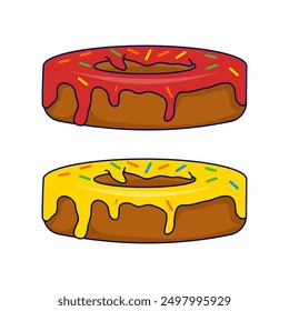 Donut concept with different toppings. Cartoon donuts with different toppings, delicious sweet dessert. Top view donuts with chocolate glaze and sprinkles, flat vector illustration.