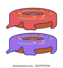 Donut concept with different toppings. Cartoon donuts with different toppings, delicious sweet dessert. Top view donuts with chocolate glaze and sprinkles, flat vector illustration.