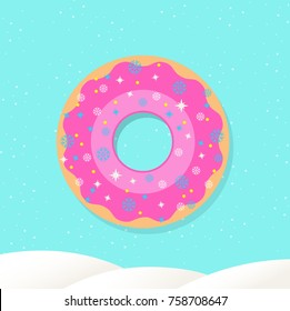 Donut in concept merry christmas. Strawberry Donut top view vector illustration on blue sky background.