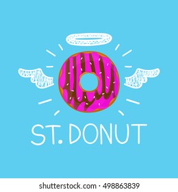 Donut concept "St. Donut" with angel halo and wings. Flat and doodle vector isolated cartoon illustration