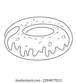 Donut contour minimalist draw. Continuous one line drawing of fresh donut. Sweets, 
dessert, bakery art. Donuts graphic vector illustration on a white background. Donut icon.