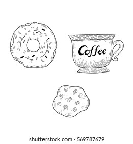 donut, cookie and coffee cup, doodle style, isolated on white background. 