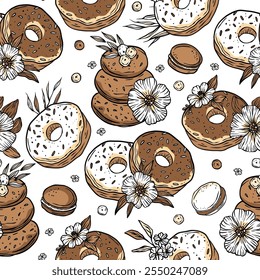 Donut cookie macaron dulce pastel sin fisuras patrón de panadería Vector