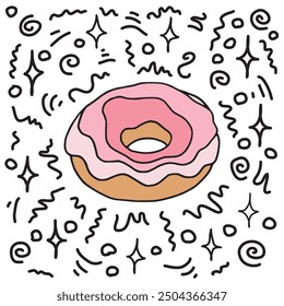 Donut cookie simple hand drawn colored outline illustration. Isolated sweet candy or dessert pen drawing with doodle drawing in background. Glazed donut pastry cartoonish vector symbol icon.