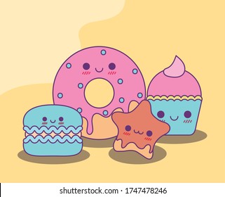 donut cookie star and cupcake design, Kawaii food cute character emoticon theme Vector illustration