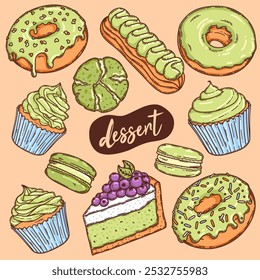 Rosca, biscoitos, cheesecake, eclair, bolo cupcake e outra coleção de confeitaria de pistache. Ilustração de massa doce desenhada à mão