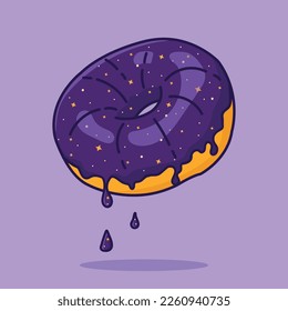 Un donut con hielo cósmico. Ilustración vectorial con un burro en un estilo plano de caricatura. Icono de donut en estilo espacial con estrellas.