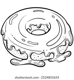 Donut covered with glaze or melted chocolate. Sweet dessert. Vector illustration in hand drawn sketch doodle style. Line art isolated on white for coloring book, print