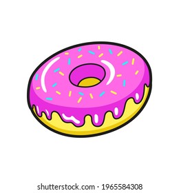 Donut covered with pink glaze and multicolor sprinkles icon. Pink dessert, yummy coated with icing. Doughnut, bagel, bublik, sweet flour product. Vector cartoon illustration isolated on white.