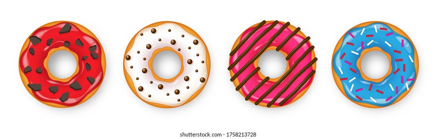Donut with cream. Cookie cake. Sweet dessert with sugar and caramel. Cafeteria food, snack. Coffee shop.Vector illustration.