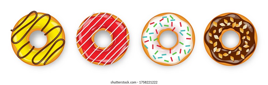 Donut with cream. Cookie cake. Sweet dessert with sugar and caramel. Cafeteria food, snack. Coffee shop.Vector illustration.