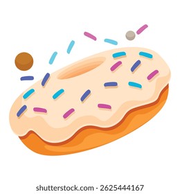 Donut with creamy white icing and falling colorful sprinkles, a sweet treat for breakfast or snack