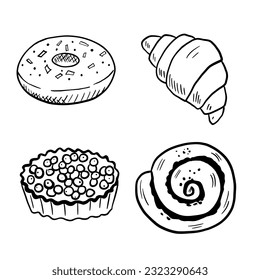 Donut and croissant black and white outline sketch. Line sweet isolated on white background. Doodle illustration pretzel