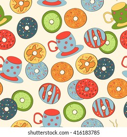 Donut. A cup. Background, wallpaper, texture. Seamless. Sketch, Doodle.