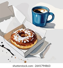 Donut and a cup of hot coffee in blue mug